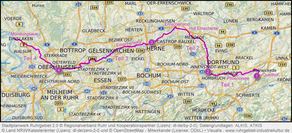 Übersichtskarte Ruhrgebiet mit eingezeichnetem Verlauf des Emscherweges (Emscher-Radweg)
