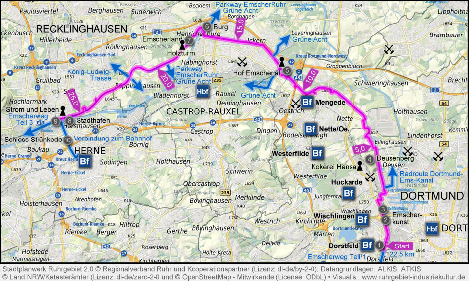 Karte Emscherweg Dortmund-Recklinghausen