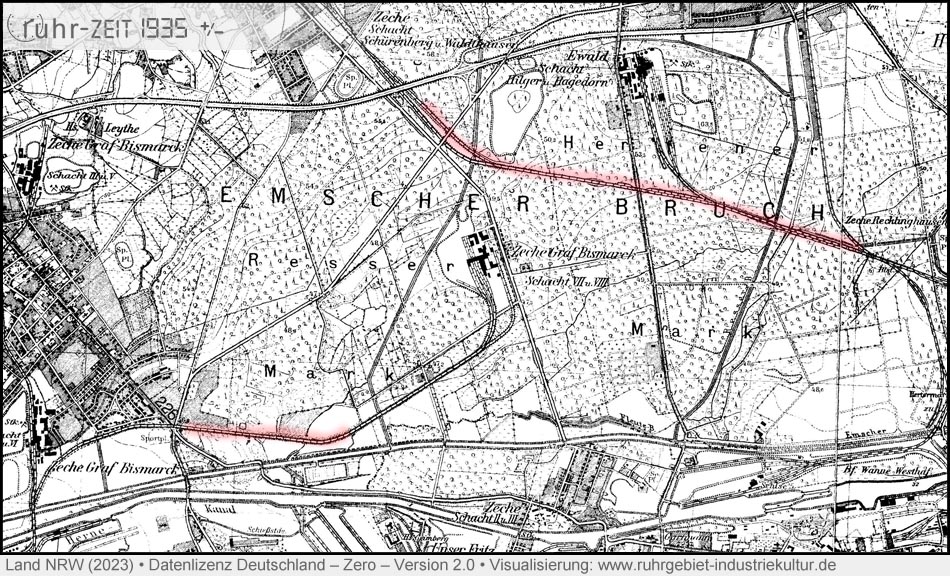 Karte mit alten Bahnstrecken im Emscherbruch