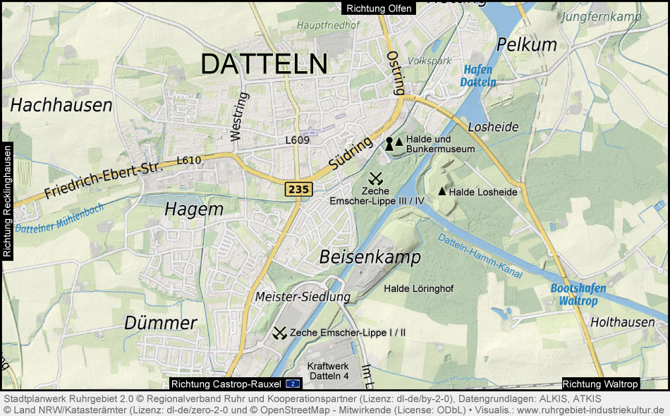 Karte mit Lage der Zechen und Halden in Datteln