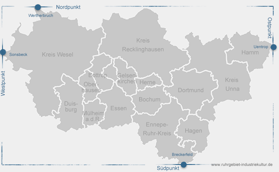 Schematische Karte vom Ruhrgebiet mit Ostpunkt, Westpunkt, Nordpunkt und Südpunkt