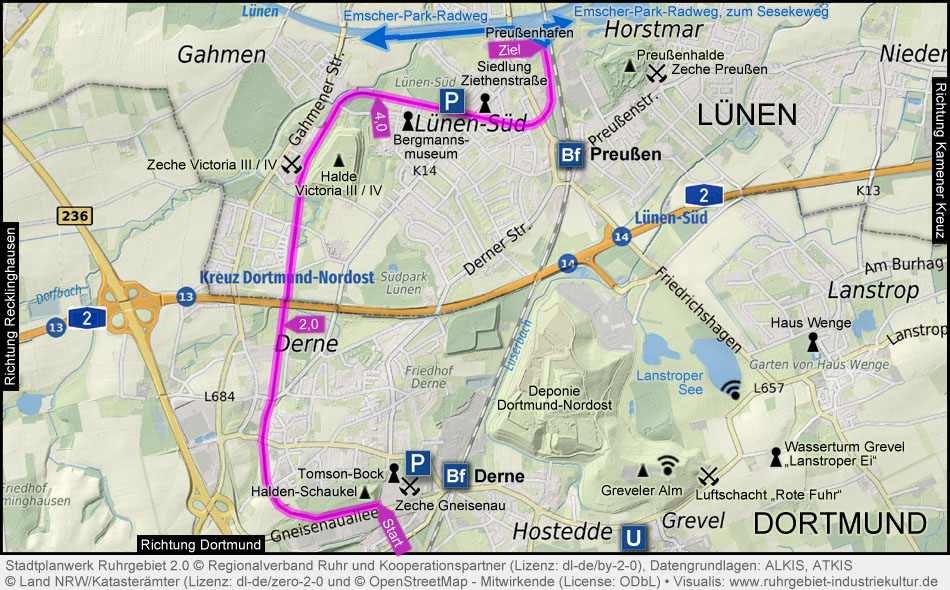 Übersichtskarte Zeche Gneisenau, Lanstroper Ei, Lanstroper See, Radweg auf der Gneisenau-Trasse