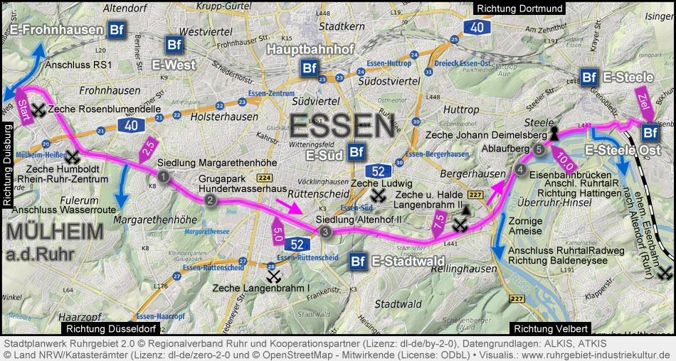 Übersichtskarte Grugaweg, Radweg auf der Gruga-Trasse in Essen