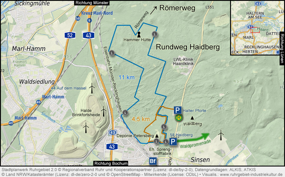 Übersichtskarte südwestliche Haard mit Wanderweg Haidberg