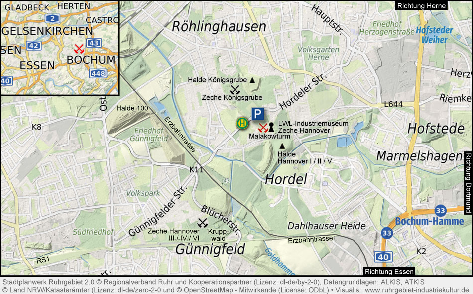 Übersichtskarte Zeche und Halde Hannover, Halde Königsgrube in Bochum