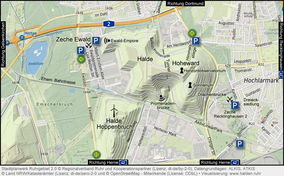 Übersichtskarte Landschaftspark Hoheward, Halde Hoheward, Halde Hoppenbruch, Zeche Ewald, Ewaldsee