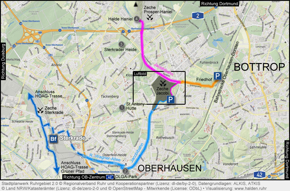 Übersichtskarte Bahntrassenradwege an der Zeche Jacobi