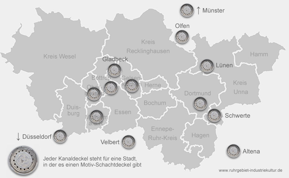 Eine Karte mit dem Ruhrgebiet und eingezeichneten Kanaldeckeln, die für Orte mit Motiv-Kanaldeckeln stehen