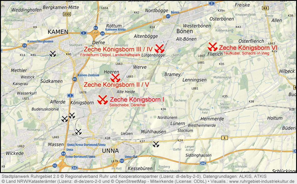 Übersichtskarte Zeche Königsborn in Unna, Bönen und Kamen