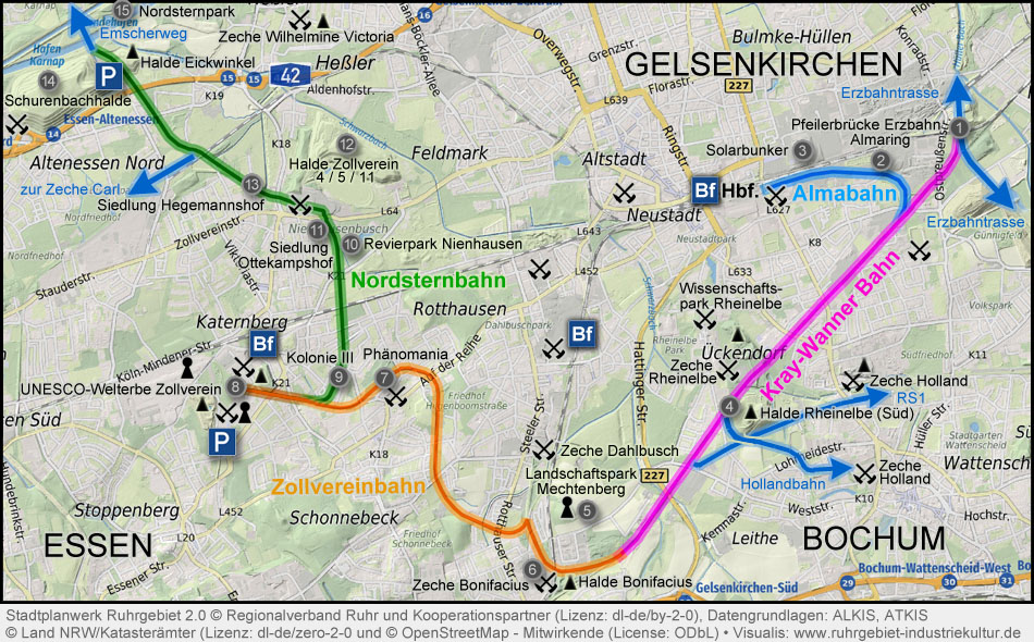 Karte Radweg Kray-Wanner Bahn, Zollverein-Radweg, Almabahn, Nordsternbahn
