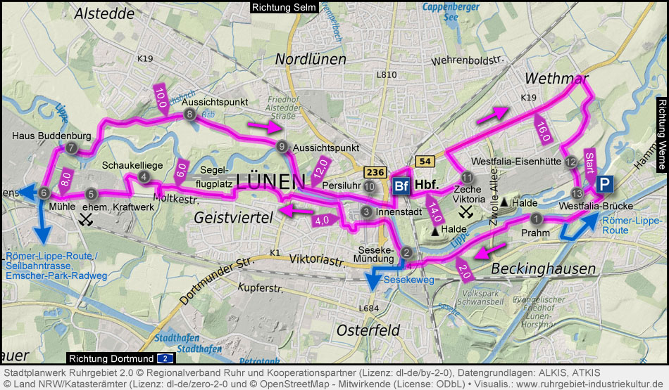 Übersichtskarte Lippeauenweg in Lünen (Lüner Lippeaue)