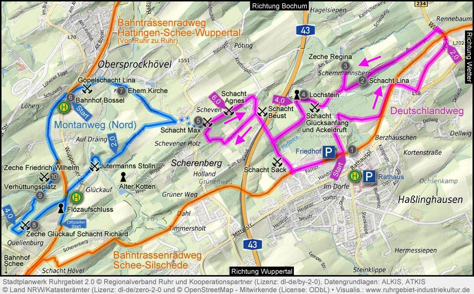 Karte Montanweg und Deutschlandweg in Sprockhövel