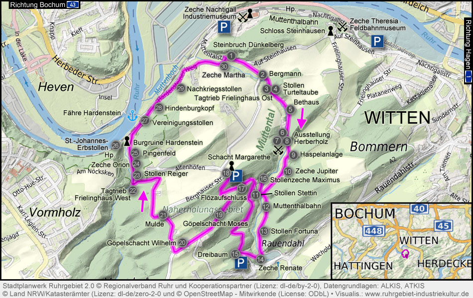 Karte mit dem Bergbauwanderweg im Muttental