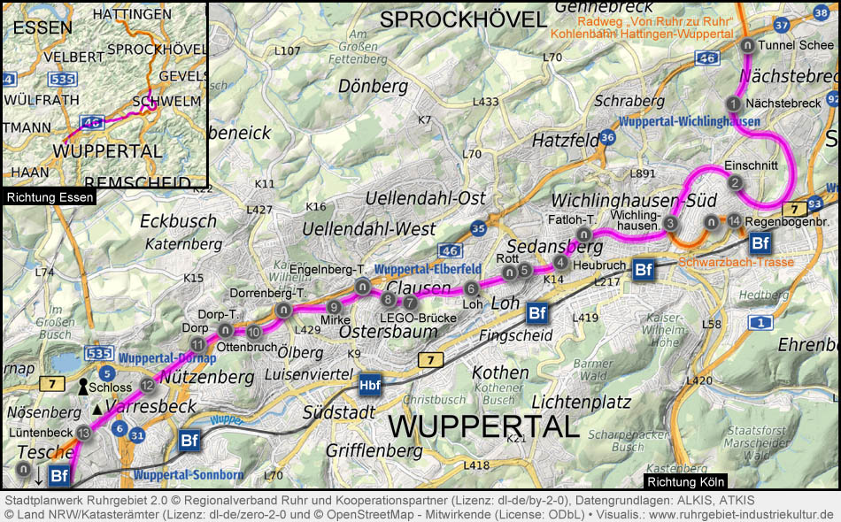 Übersichtskarte Nordbahntrasse (Wuppertaler Nordbahn)