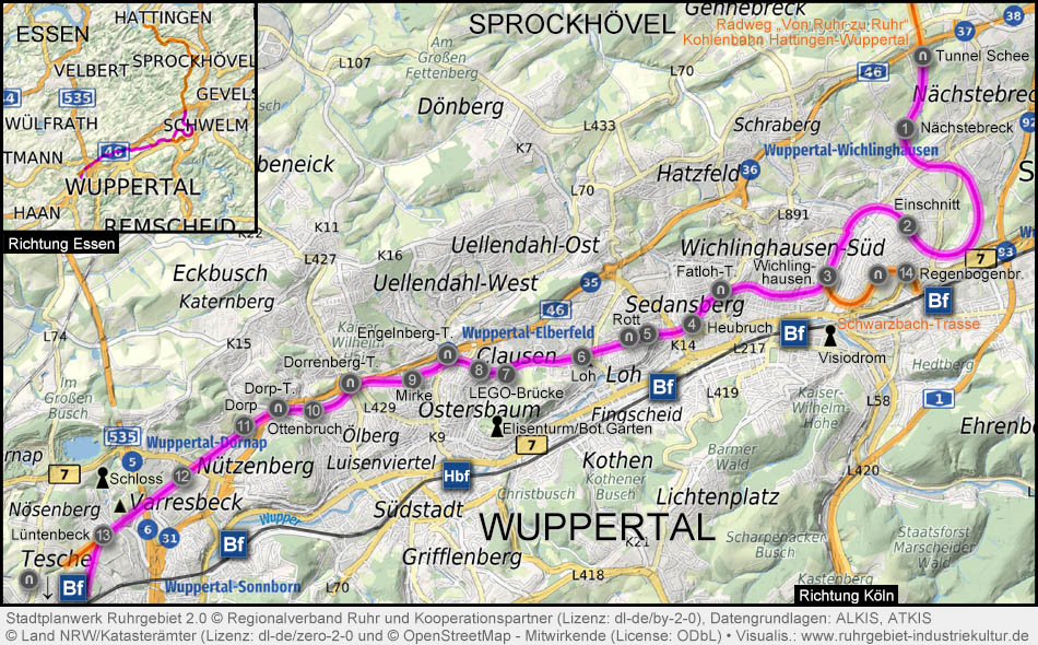 Übersichtskarte Nordbahntrasse (Wuppertaler Nordbahn)