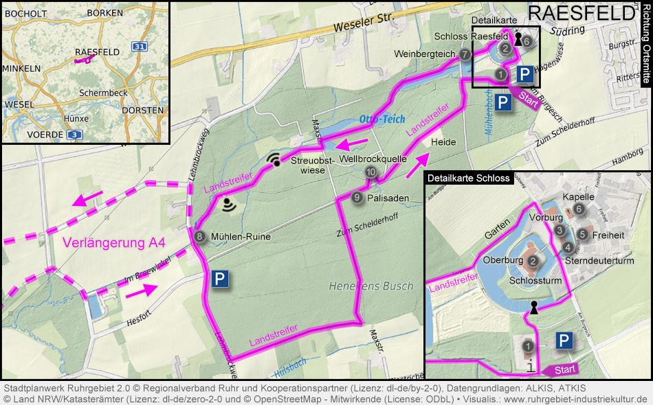 Übersichtskarte Schloss Raesfeld und Tiergarten und Landstreifer-Wanderweg