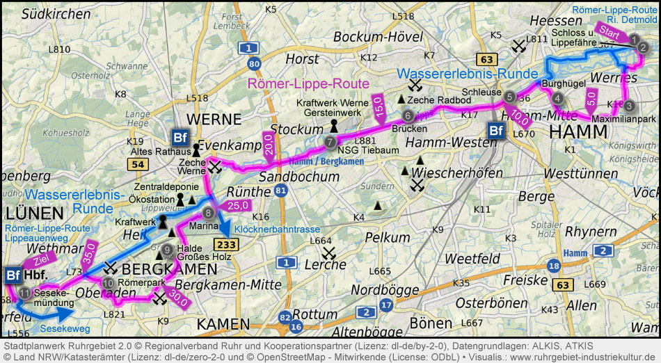 Karte Römer-Lippe-Route Hamm-Lünen