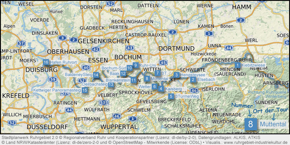 Übersichtskarte Ruhr-Verlauf im Ruhrgebiet mit eingetragenen Nummernpunkten für Wanderwege