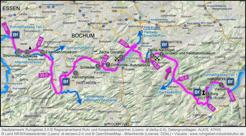 Karte Ruhrtalradweg (Herdecke-Essen)