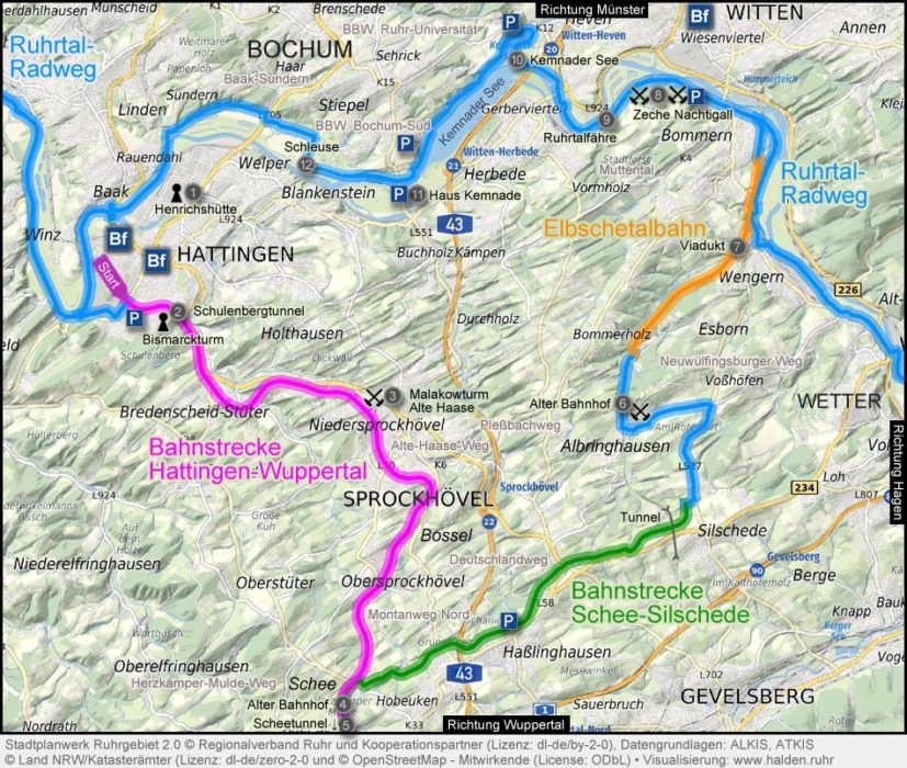 Übersichtskarte Radweg Ruhr zu Ruhr in Hattingen, Sprockhövel, Wetter und Witten