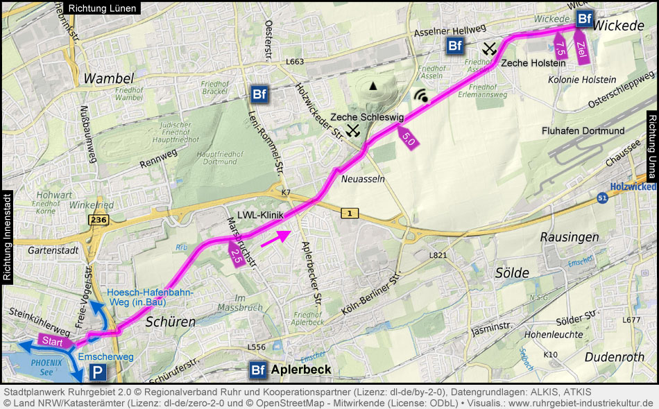 Übersichtskarte Bahntrassenradweg auf der Zechenbahn Schleswig in Dortmund