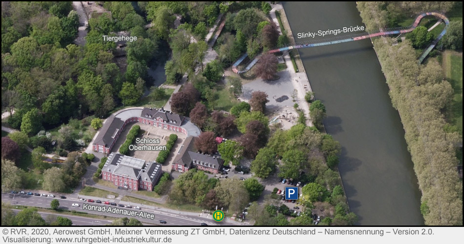 Luftbild Schloss Oberhausen und Slinky-Springs-Brücke