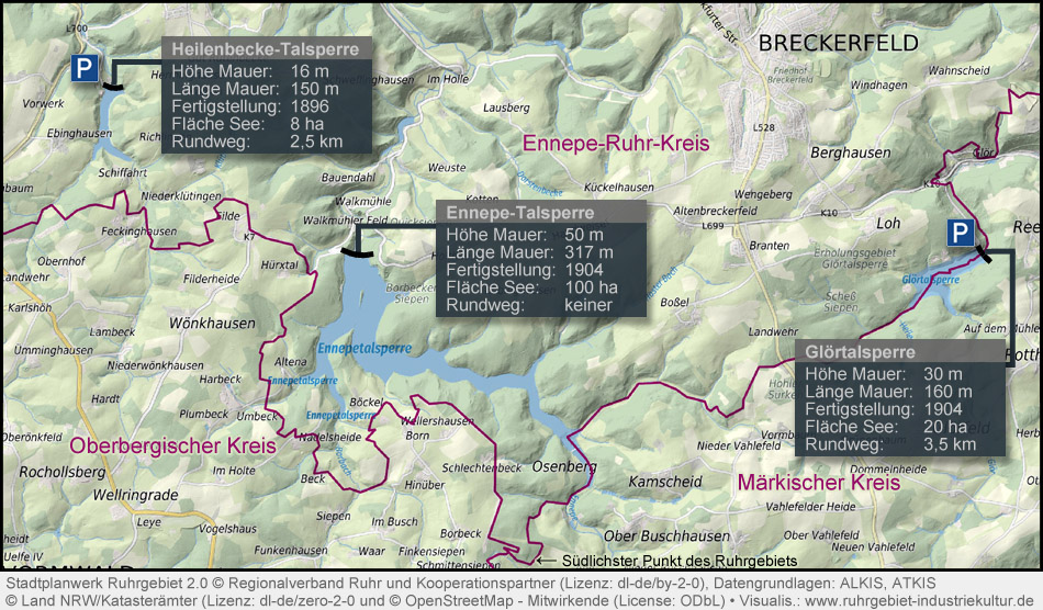 Übersichtskarte Glörtalsperre, Ennepetalsperre und Heilenbecketalsperre in Breckerfeld