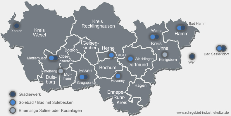 Karte über Kurbäder, Solebäder, Gradierwerke und historische Salinen im Ruhrgebiet und Umgebung