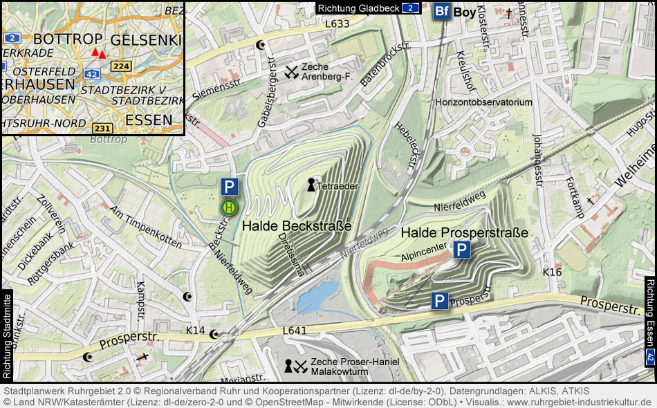 Übersichtskarte Halde Beckstraße mit Tetraeder und Halde Prosperstraße mit dem Alpincenter