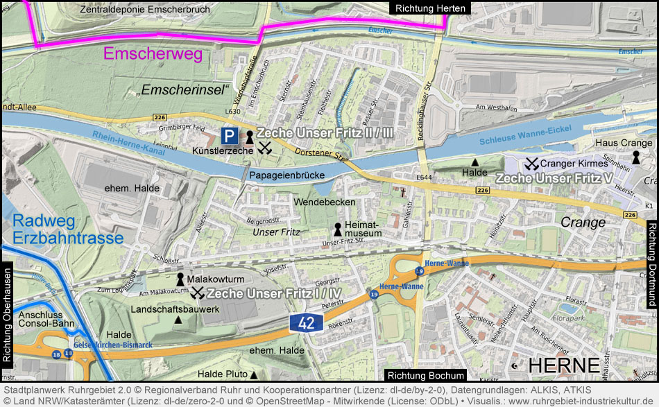Übersichtskarte Zeche Unser Fritz in Herne
