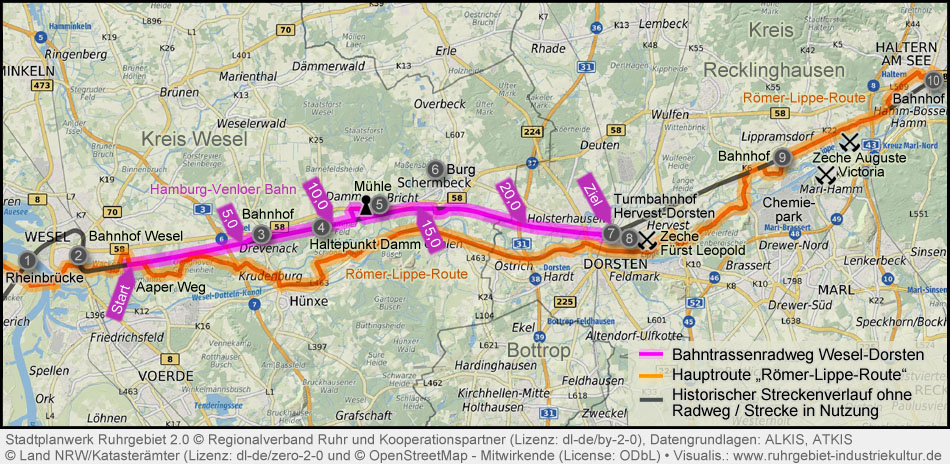 Übersichtskarte Bahntrassenradweg Wesel-Haltern