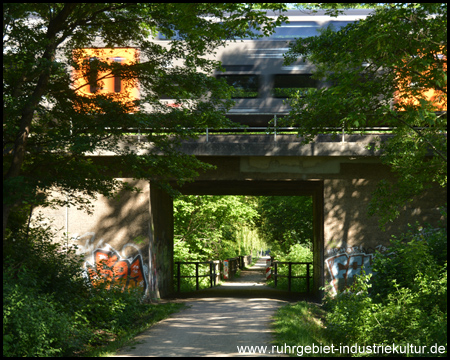 Brücke unter der Bahnstrecke Dortmund-Hamm – ein RRX kreuzt