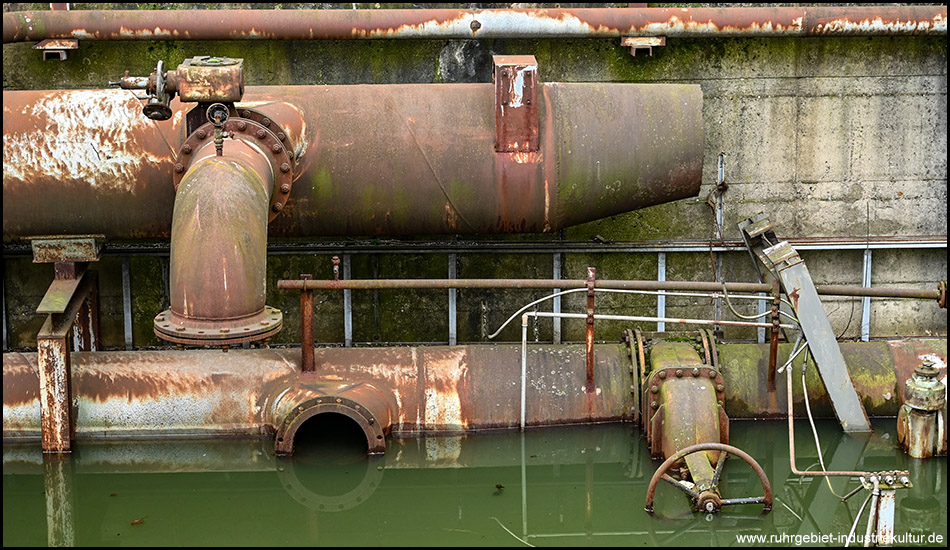 Ein Wasserbassin mit grünem Wasser. Rohre verlaufen teilweise überflutet am Rand entlang. Eine halb unter Wasser stehende Rohröffnung wird durch die Spiegelung vollendet.