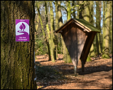 Ein lila Wegweiserschild mit Symbol an einem Baum. Im Hintergrund eine kleine Holzhütte im Wald.