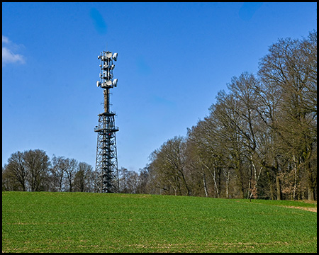 Ein Telekommunikationsturm steht auf einer grünen Wiese, umgeben von Waldrand unter blauem Himmel.