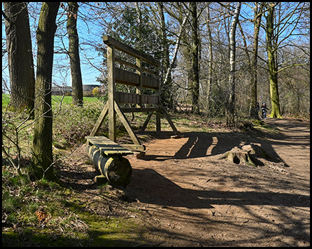 Holzgestell eines großen Memorys mit abgedeckten hölzernen Tierfotos an einem Weg im Wald