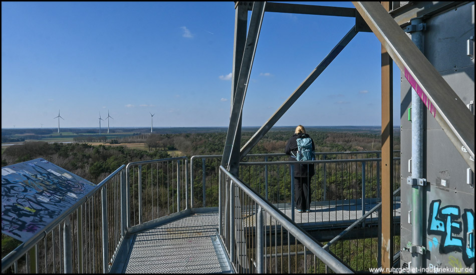 Blick von einer Aussichtsplattform eines Turms auf eine weite Landschaft mit Windrädern am Horizont. Eine Person mit blauem Rucksack genießt die Aussicht.