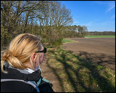 Seitenansicht einer Person am Waldrand, die über ein frisch gepflügtes Feld blickt.