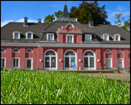 Außenansicht eines rosa klassizistischen Gebäudes mit grauem Mansarddach und weißen Fenstern. Im Vordergrund eine unscharfe grüne Rasenfläche unter blauem Himmel.
