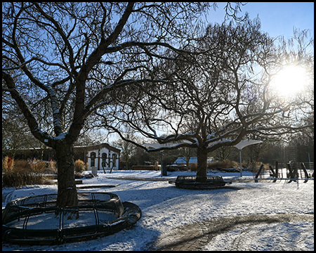 Verschneiter Park mit gefrorenen Sitzbänken im Vordergrund, kahlen Bäumen und historischen Gebäuden im Hintergrund bei Sonnenschein.