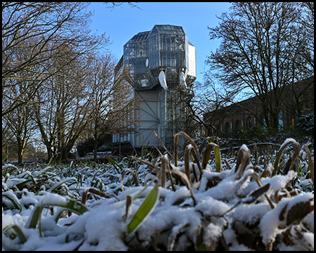Der Gläserne Elefant im Maximilianpark Hamm mit Schnee im Vordergrund
