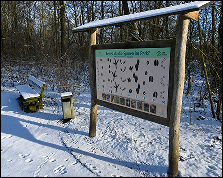 Informationstafel zu Tierspuren. Sie steht im verschneiten Wald, am Boden sind tatsächlich Spuren zu sehen