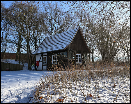 Kleines dunkles Fachwerkhaus mit verschneitem Dach zwischen kahlen Bäumen und vertrockneten Pflanzen unter blauem Himmel.