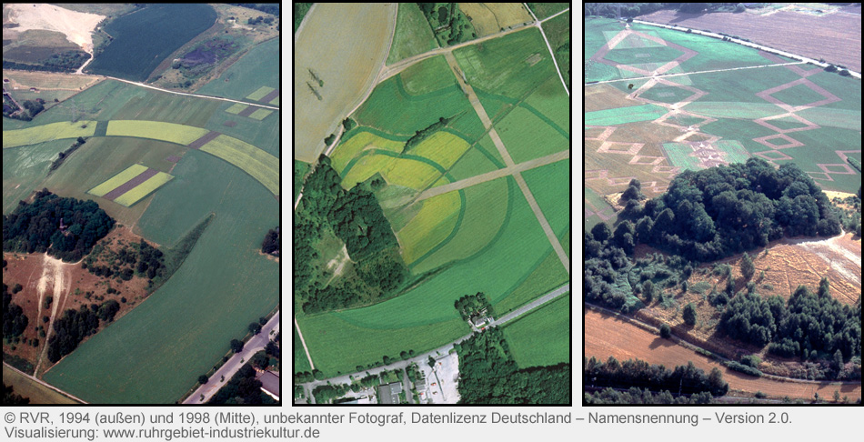 Land Art am Mechtenberg, drei Luftbilder verschiedener Jahreszeiten und Jahre