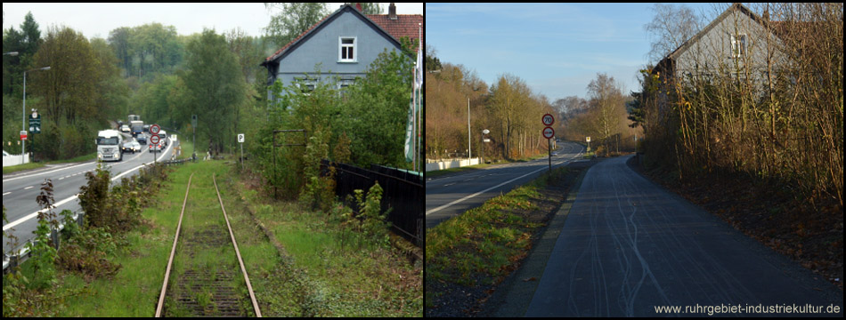 Vergleich früher und heute: Ehemaliger Haltepunkt Oese mit Stationsschildrahmen – und abgeräumt mit Radweg
