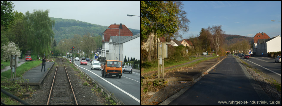 Dieselbe Perspektive im Vergleich vor der Stilllegung und nach dem Radwegbau: Haltepunkt Am Obsthof 2010 und 2014
