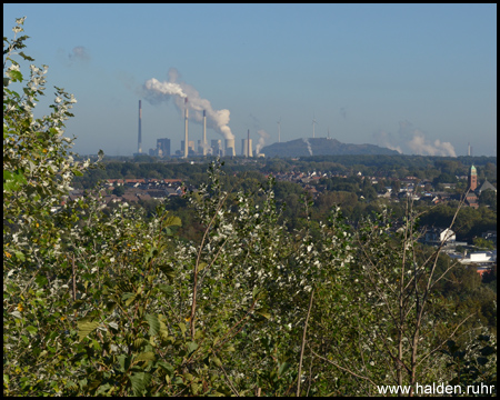 Blick zur Halde Oberscholven und dem Kraftwerk Scholven