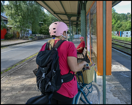 Eine Radfahrerin betrachtet einen orangfarbenen Fahrplanaushang