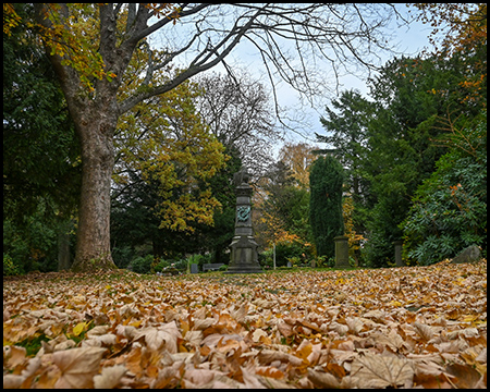 Bodennahe Perspektive über herbstliches Laub auf einem Friedhofsweg. Im Hintergrund verschwommen ein Grabdenkmal, flankiert von Zypressen und herbstlichen Laubbäumen.