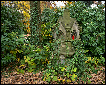 Neugotischer, verwitterter Grabstein mit spitzbogiger Nische, stark von Efeu und anderen Rankpflanzen überwuchert. Ein rotes Grablicht leuchtet in der Nische. Herbstlaub am Boden, umgeben von Rhododendren.